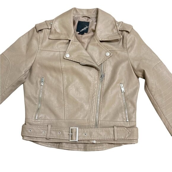 Collection B Faux Leather Belted Moto Jacket Brown Size Small - Picture 4 of 12